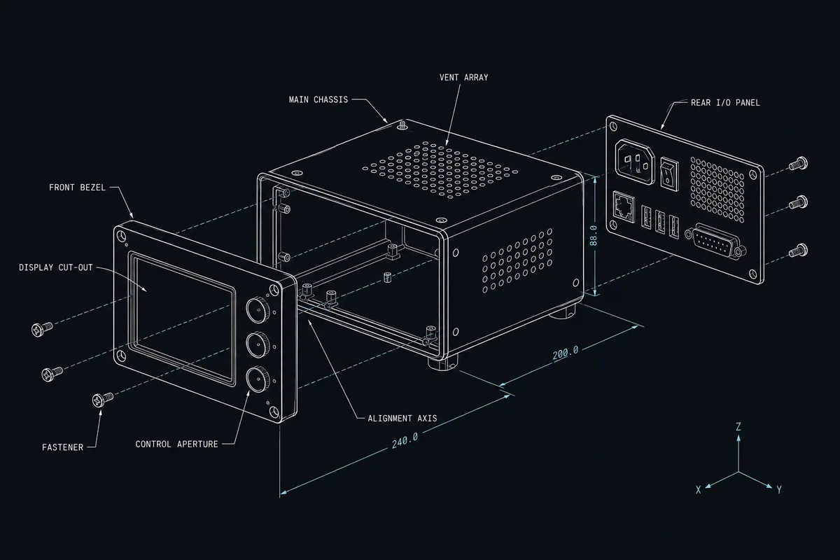 Exploded instrument enclosure blueprint representing a first prototype Box Build coming together from released inputs