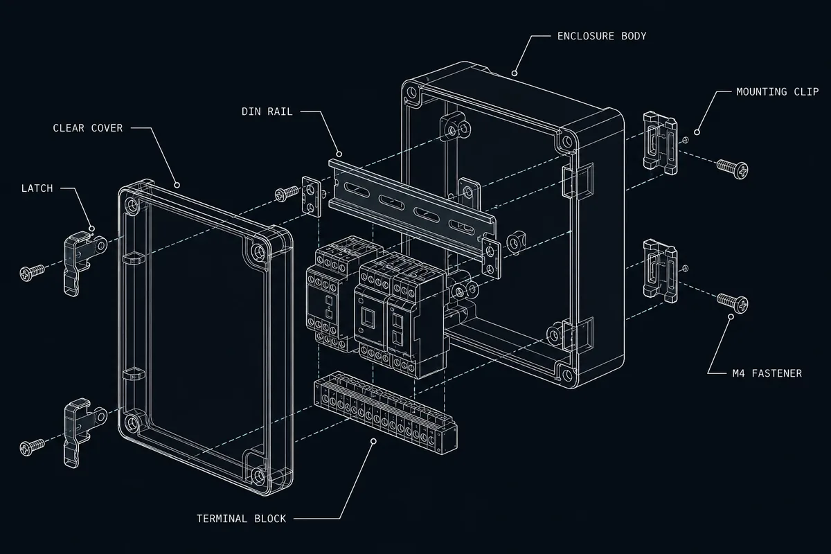Exploded blueprint showing an enclosure, mounted electronics and internal connections in a complete Box Build