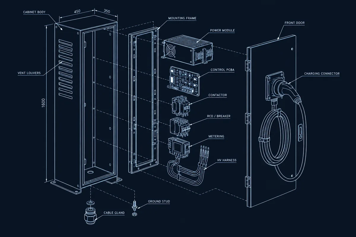 Exploded EV charging station enclosure blueprint showing the cabinet body, mounting frame, power module, control PCBA, contactor, protection devices, high-current harness and front charging connector