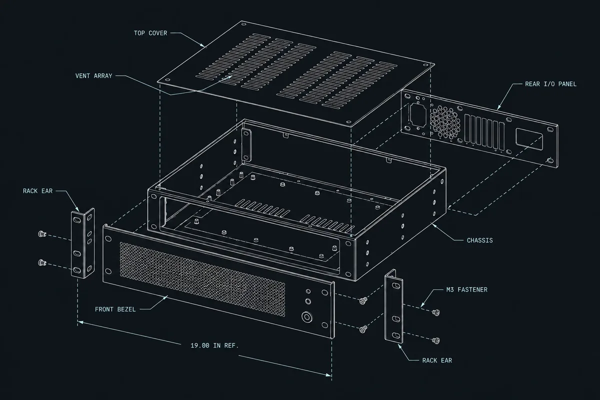 Exploded rack-mount system blueprint showing the assembled interfaces considered during finished-unit functional testing