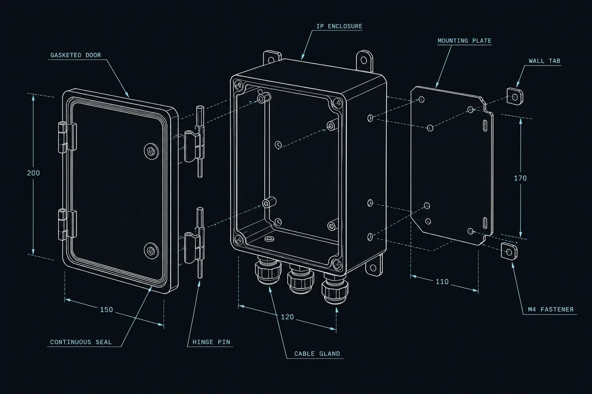 Exploded enclosure blueprint showing a cover, gasket, mounting plate and cable entry interfaces