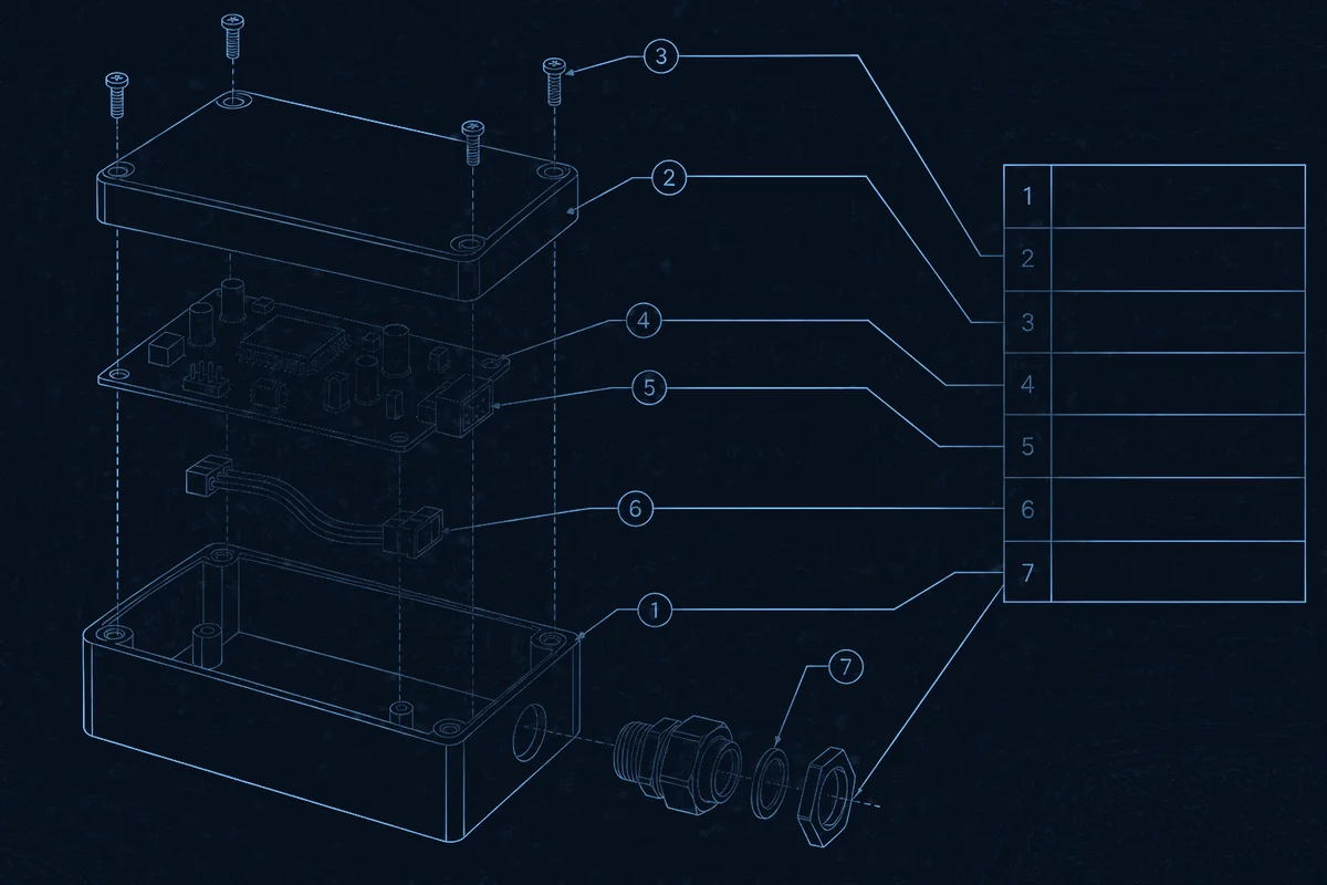 Blueprint-style line drawing of an exploded electronics enclosure with numbered callouts pointing to a bill-of-materials sheet