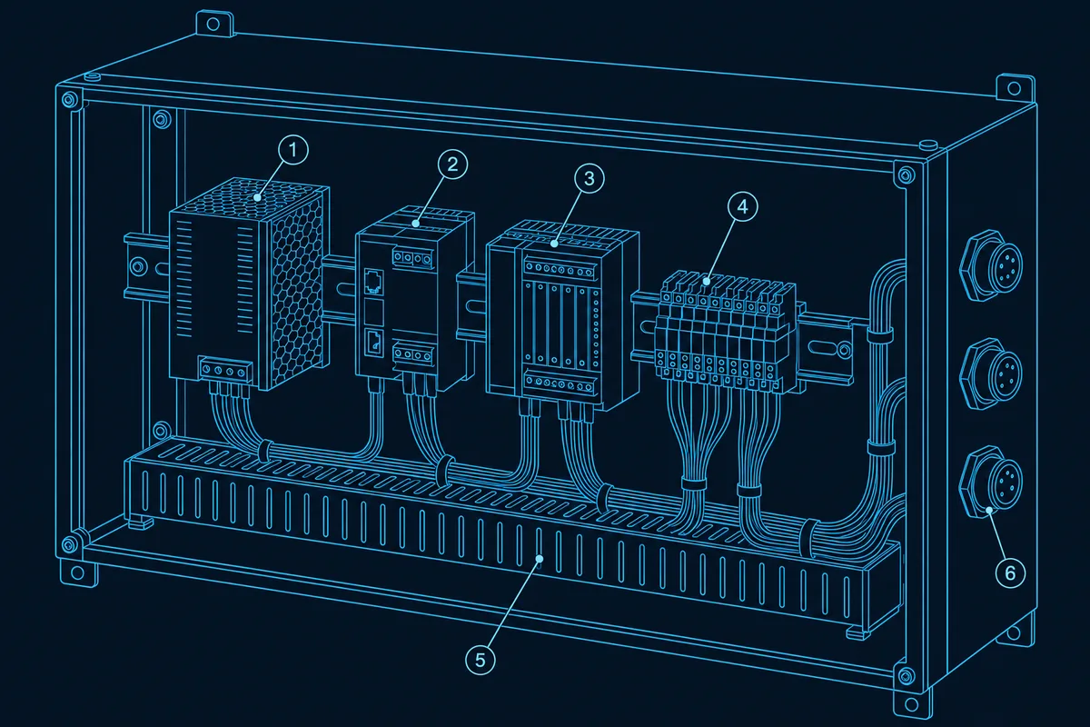 Blueprint-style line drawing of an industrial control enclosure interior with DIN rail modules, terminal blocks, a cable duct and numbered callouts