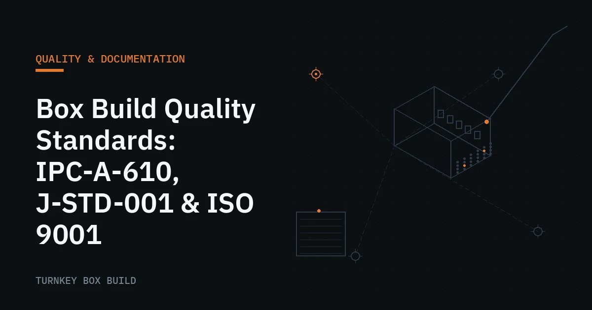 Blueprint-style illustration of an enclosure assembly with inspection and workmanship marks representing Box Build quality standards