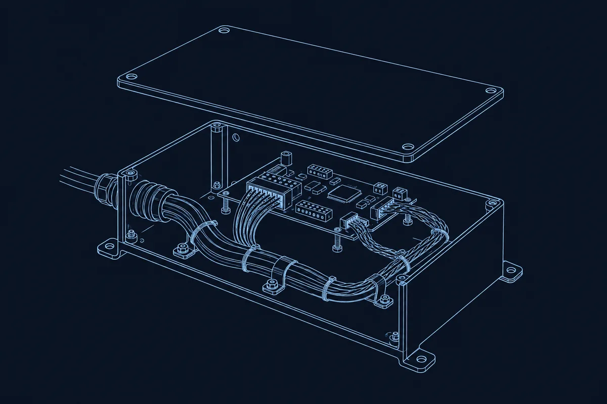 Blueprint-style line drawing of an enclosure cutaway showing harnesses secured along routing channels, strain relief at cable entries, and separate power and signal cable paths