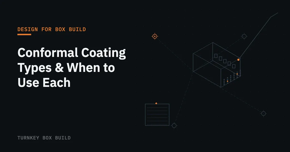 Blueprint-style illustration of a circuit board with a thin protective coating layer and masked connector areas representing conformal coating types