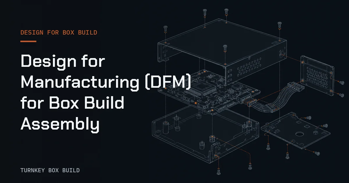 Annotated enclosure blueprint representing a cross-functional DFM review for Box Build assembly