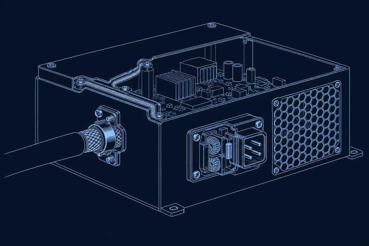 Blueprint-style illustration of an enclosure cutaway showing a conductive gasket at the seam, a shielded cable bonded at the entry, and a filtered connector