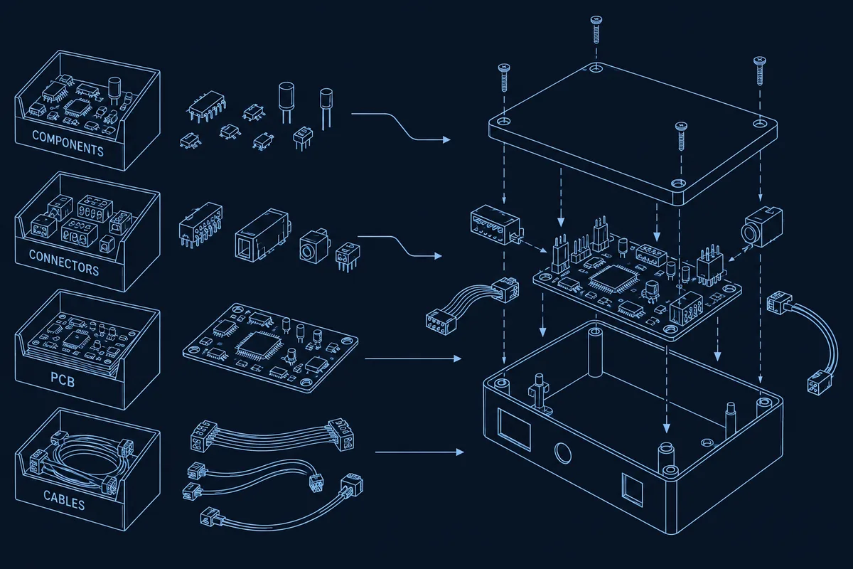 Blueprint showing components, a PCB, and cables flowing from supply bins into a Box Build chassis